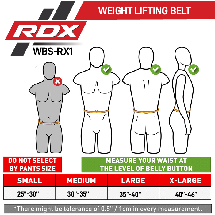 RDX RX1 Weightlifting Belt in Black size chart